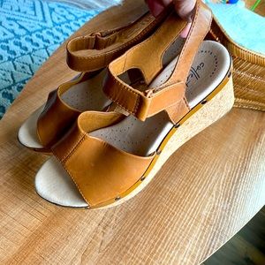 Clarks Tan Leather Wedge Sandals